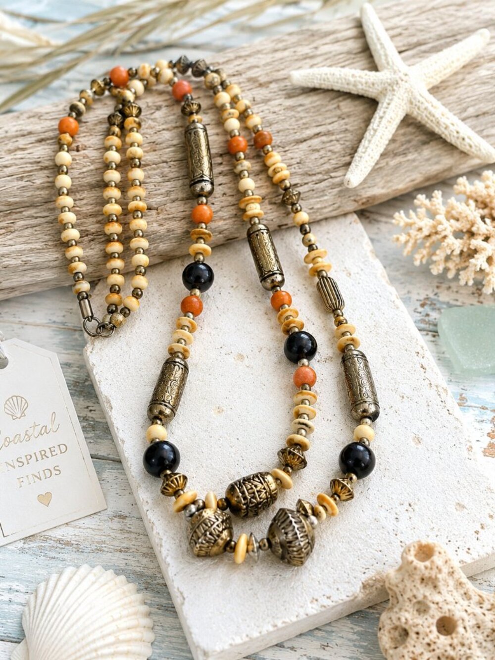 Artisan Tribal Statement Necklace | Natural Wood & Metal Beads